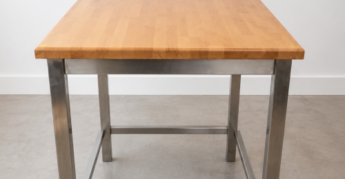 Tavolo alto stile industriale in legno massello e acciaio inox