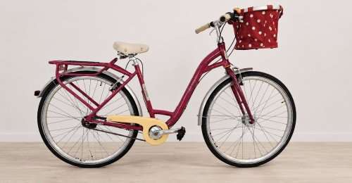 Bicicletta da citt&agrave; magenta con cestino a pois (nr. 12)