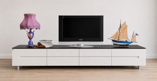 Mobile porta TV / madia moderna bianco lucido con piano nero &ndash; 236 cm