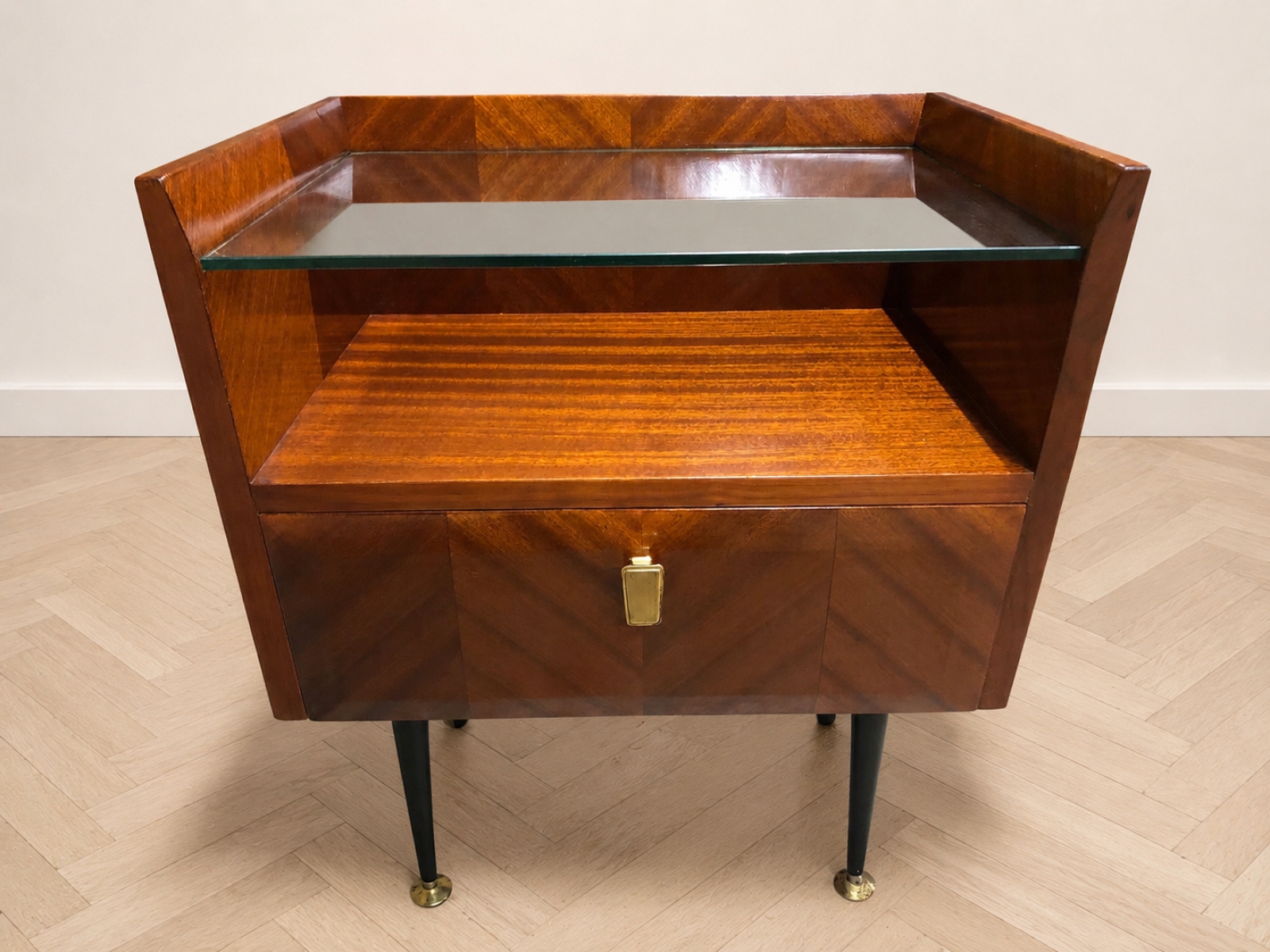 Comodini vintage in legno con piano in vetro (2 pz.) 3