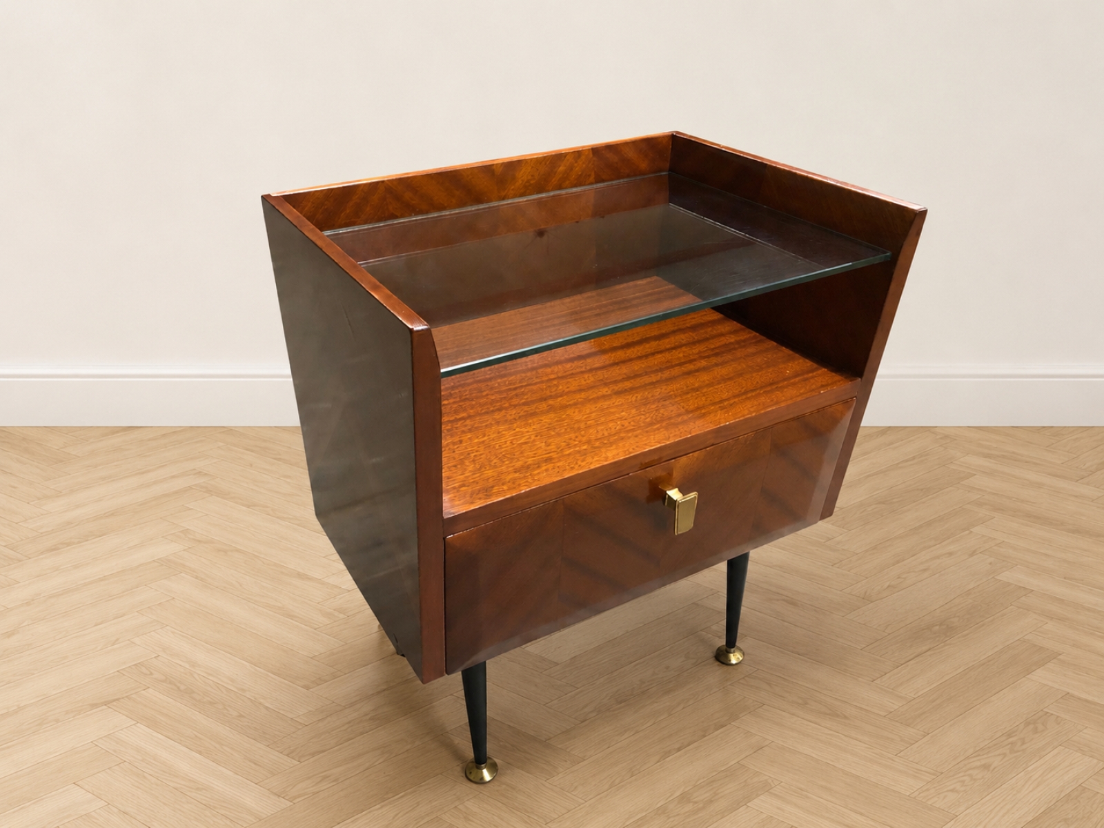 Comodini vintage in legno con piano in vetro (2 pz.) 4